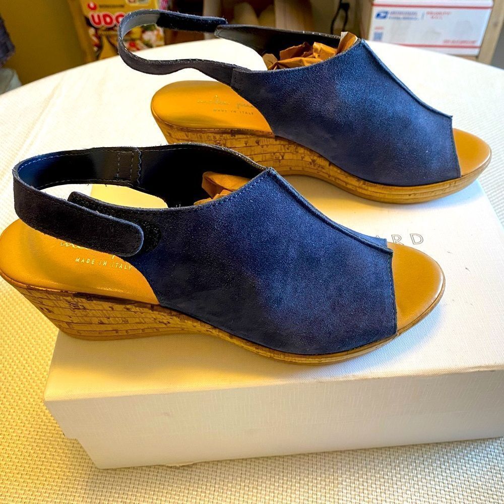 Nwot Mila Paoli Made In Italy Blue Suede Wedge Sandals Size 9